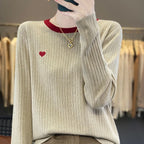 Women's Pullover Autumn/Winter 100% Wool Sweater Stitching Casual Knit Sweater Round Neck Tops Ladies Clothes Embroidery Blouse