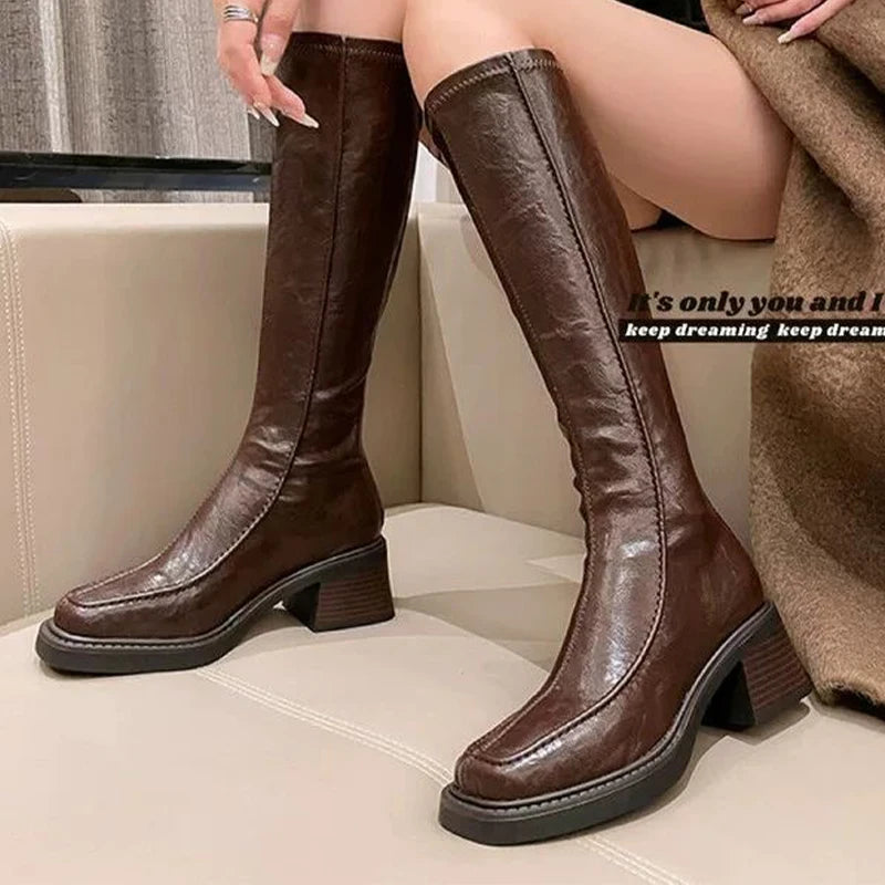Women's High Boots High Heels Fashion Dress Shoes Chunky Luxury Woman Winter Boots 2025 Designer Knee High Chelsea Botas Mujer
