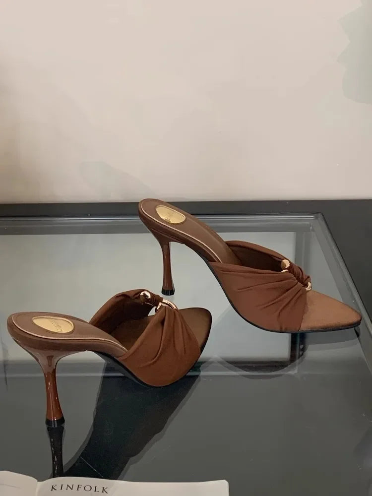 Women's High Heels Slippers Pointed Toe Metal Decoration Thin Heels Shoes Women Dress Fashion Korean Style Zapatillas De Mujer