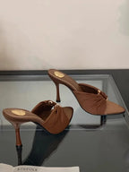 Women's High Heels Slippers Pointed Toe Metal Decoration Thin Heels Shoes Women Dress Fashion Korean Style Zapatillas De Mujer