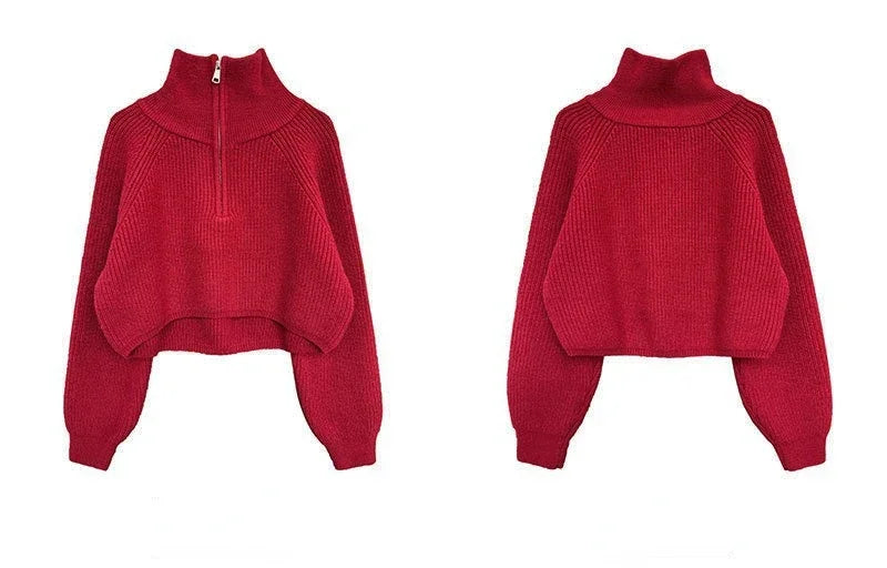Autumn Winter  Zipper Sweaters Women Solid Color High Neck Knitted Pullover Solid Red Loose Turndown Collar Women's Turtleneck
