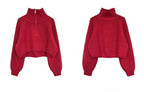 Autumn Winter  Zipper Sweaters Women Solid Color High Neck Knitted Pullover Solid Red Loose Turndown Collar Women's Turtleneck