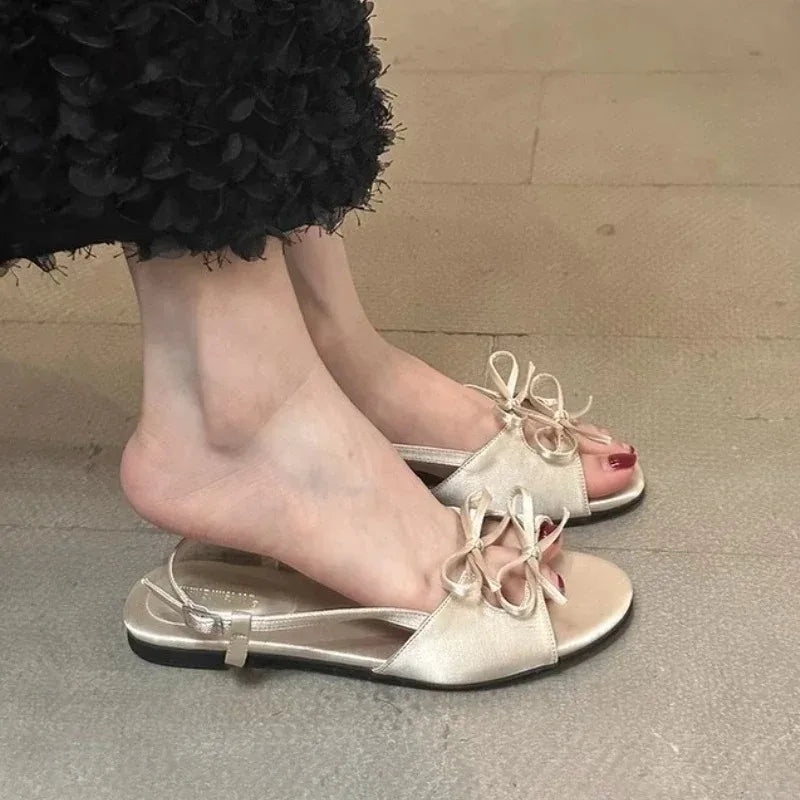 Flats Women Sandals Bow Designer Shoes Woman Slippers Summer 2025 New Casual  Walking Slides Fashion Dress Sandalias De Mujer