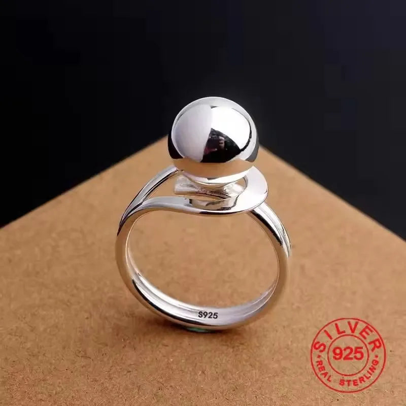 Real 925 Sterling Silver Retro Round Geometric Ring For 2 Rings Women Chain Vintage Fine Jewelry Minimalist Accessories Gift