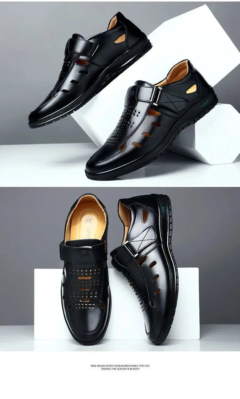 Men Sandals Summer  Cozy Hollow Non-slip Soft Cool Lighted Breathable All-match Classic Wearable Fashion Casual Leather Sandals