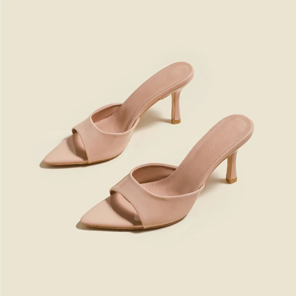 Women's Slippers 2025 New Summer Slim Heel Pointed Toe Worn with A Straight Drag Patent Leather High-heeled Slippers for Womens