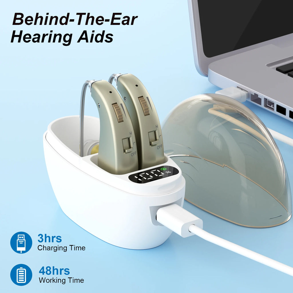 Auxiliary headphones, sound amplifier, noise reduction, adjustable volume, hanging ear with charging case