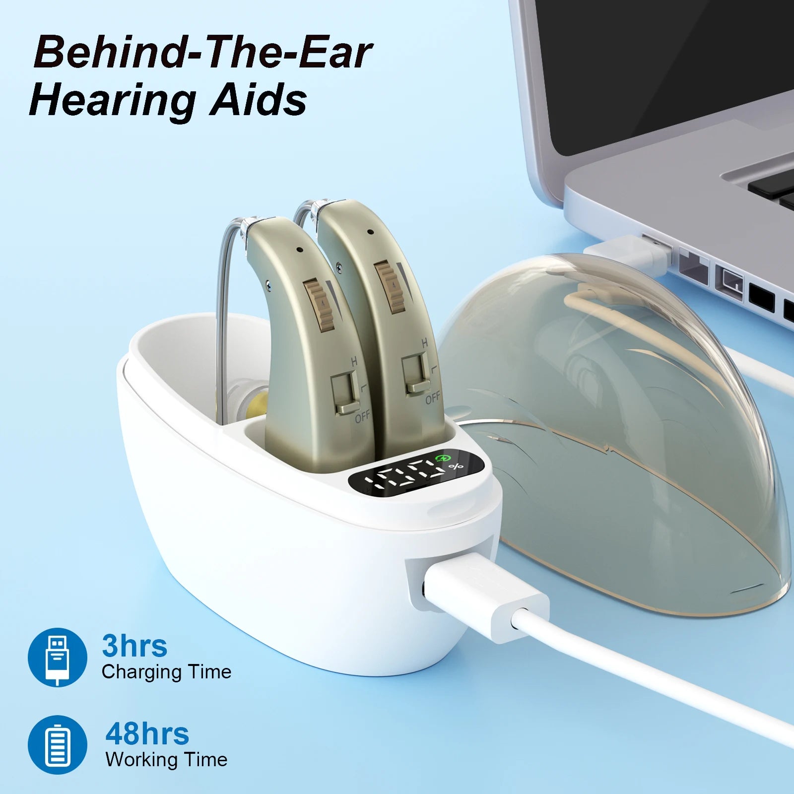 Auxiliary headphones, sound amplifier, noise reduction, adjustable volume, hanging ear with charging case