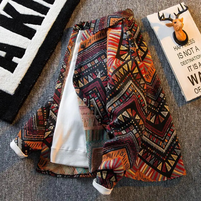 Men's high-density woven shirt men's high-end retro ethnic style long sleeved shirt trendy clothing jacket men clothing shirt