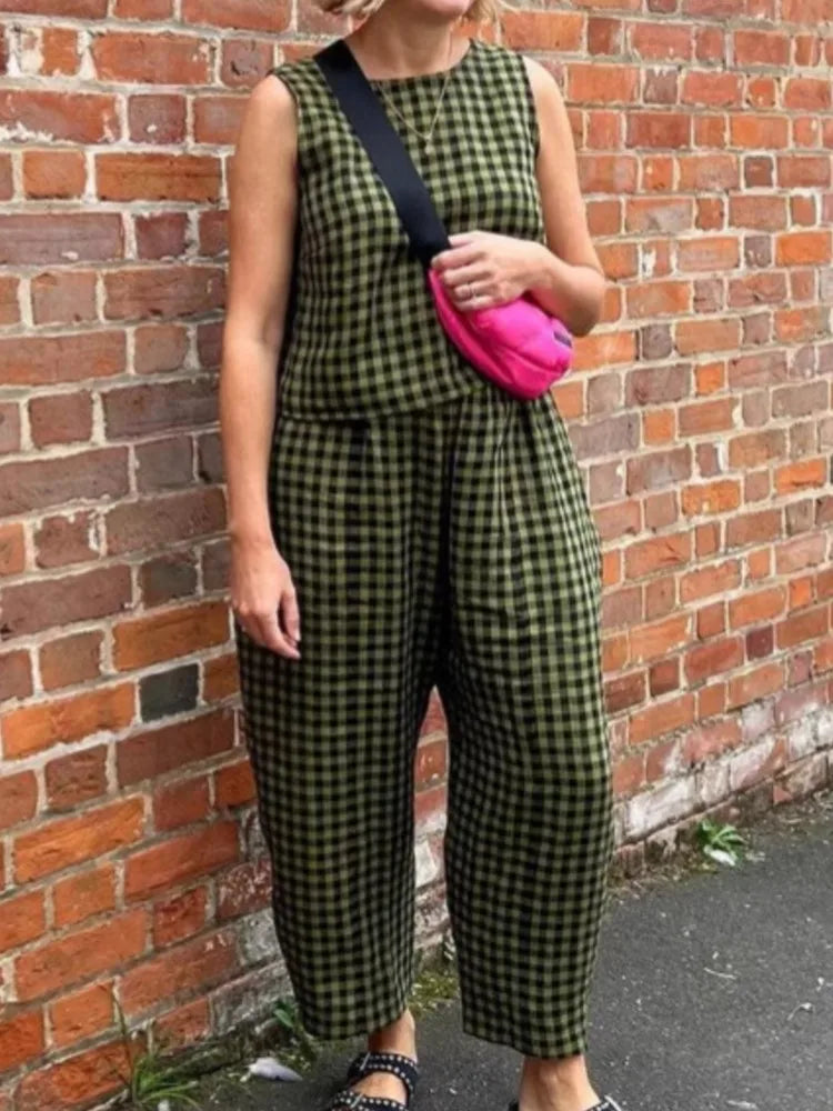 Fashion Women's Pants Set Printed Plaid Sleeveless 2025 Spring Summer Relaxed Vest Nine Point Pants Home Wear Female 2 Piece Set