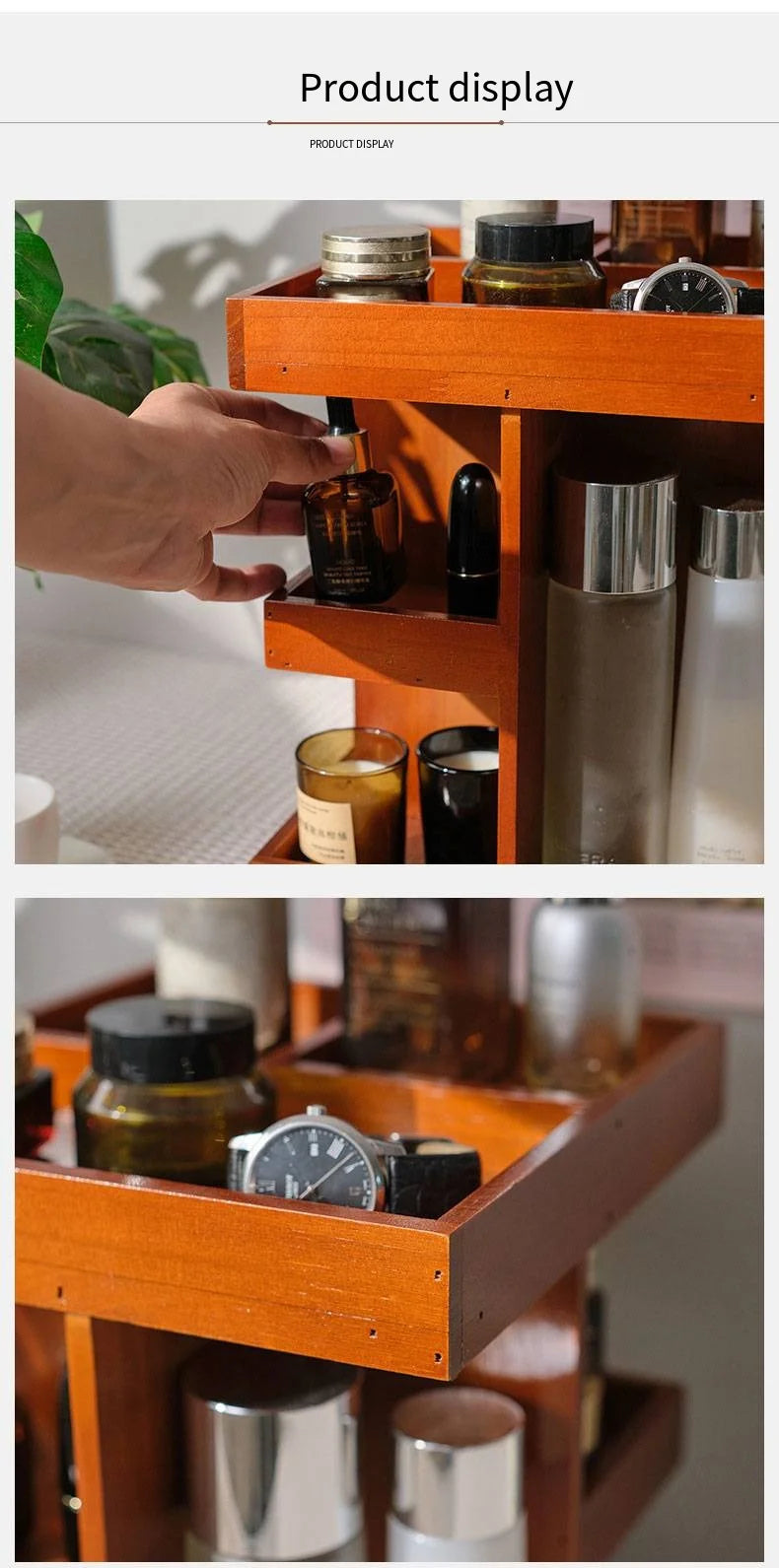 Wooden cosmetics rotating storage rack, can hold small items and cosmetics, suitable for bedrooms, dressing tables,and bathrooms