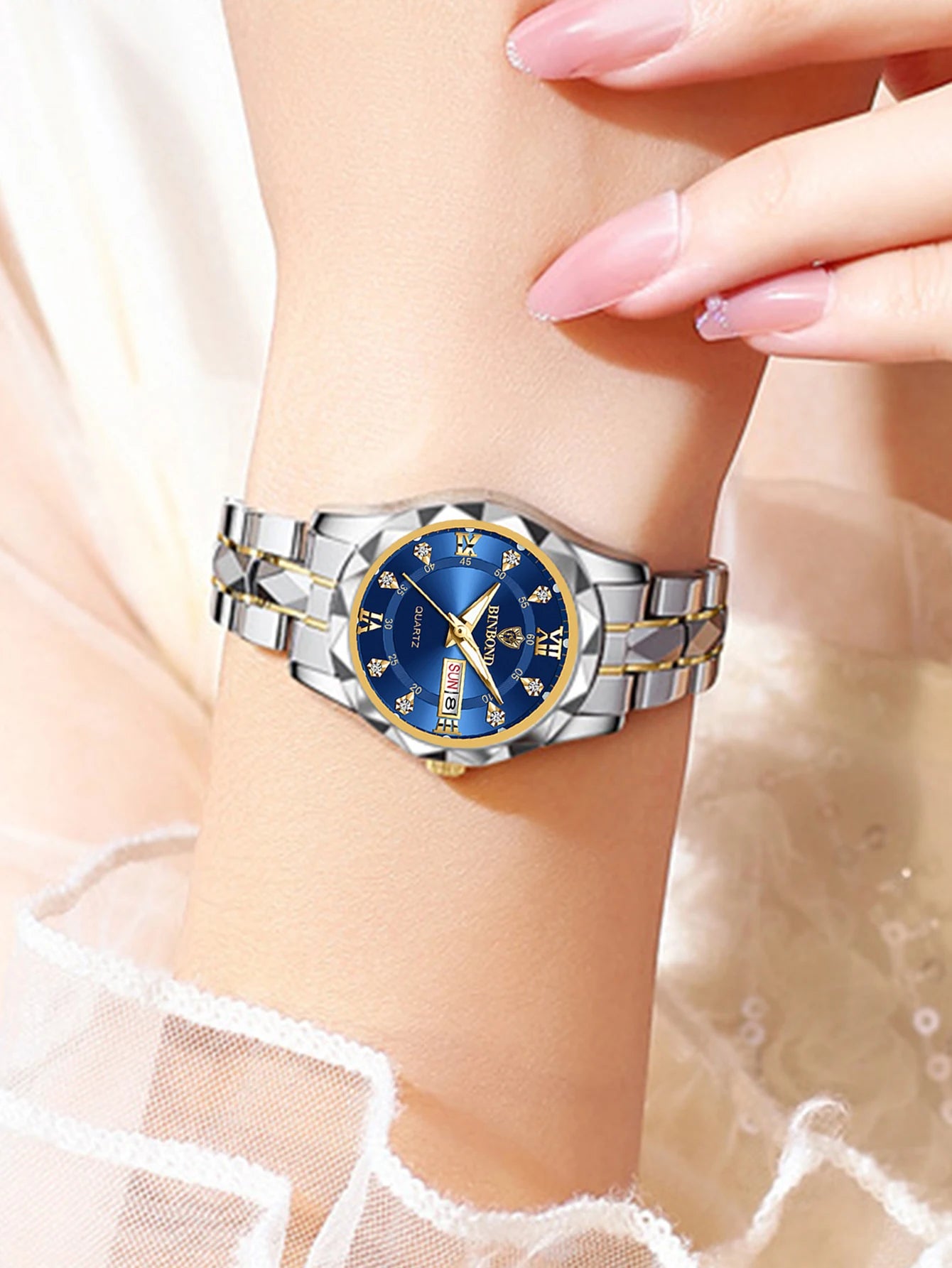BINBOND 2pcs/Set Couple Watches 30M Waterproof Fashion Diamond Valentine Day Gift Stainless Steel Watch Men Women Quartz Watch
