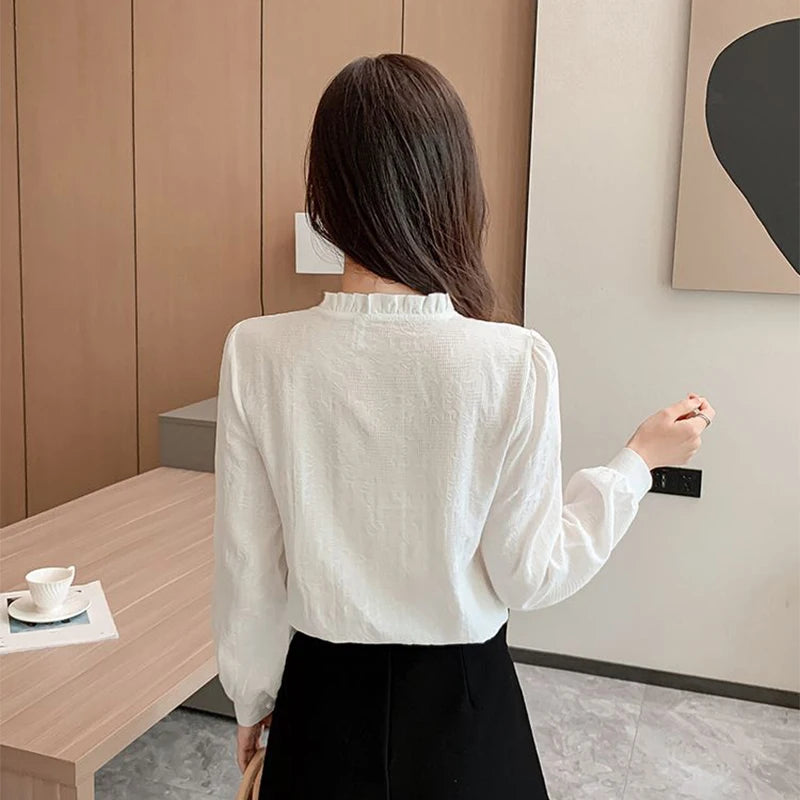 Woman's Embroidery Cotton Long-Sleeved Shirt New Stand Collar Stitching Ruffled Shirts Female Temperament Age-Reducing Thin Top