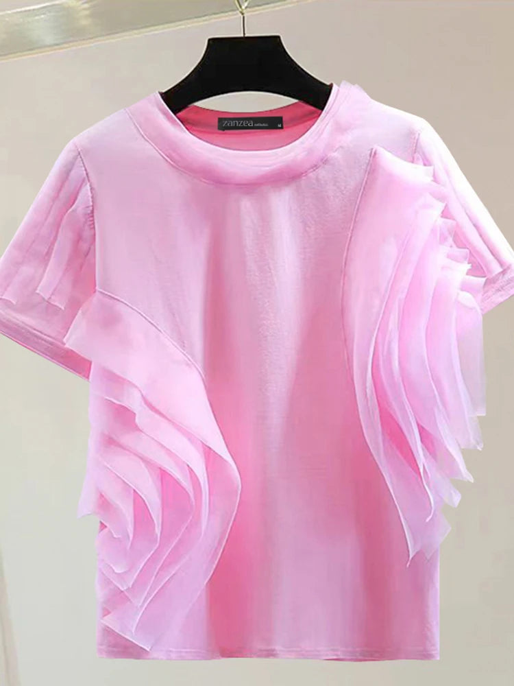 ZANZEA Women Ruffled Stitching Blouse Fashion Holiday O-neck Tops 2024 Summer Short Sleeve Tunics Casual Loose Solid Blusa Femme