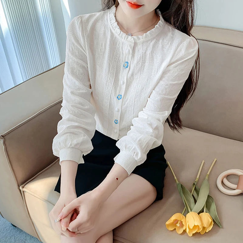 Woman's Embroidery Cotton Long-Sleeved Shirt New Stand Collar Stitching Ruffled Shirts Female Temperament Age-Reducing Thin Top