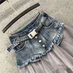 Women's Tulle Stitched High-waisted and Slim-fitting Retro Denim Skirt for Women Spring, Summer and Autumn