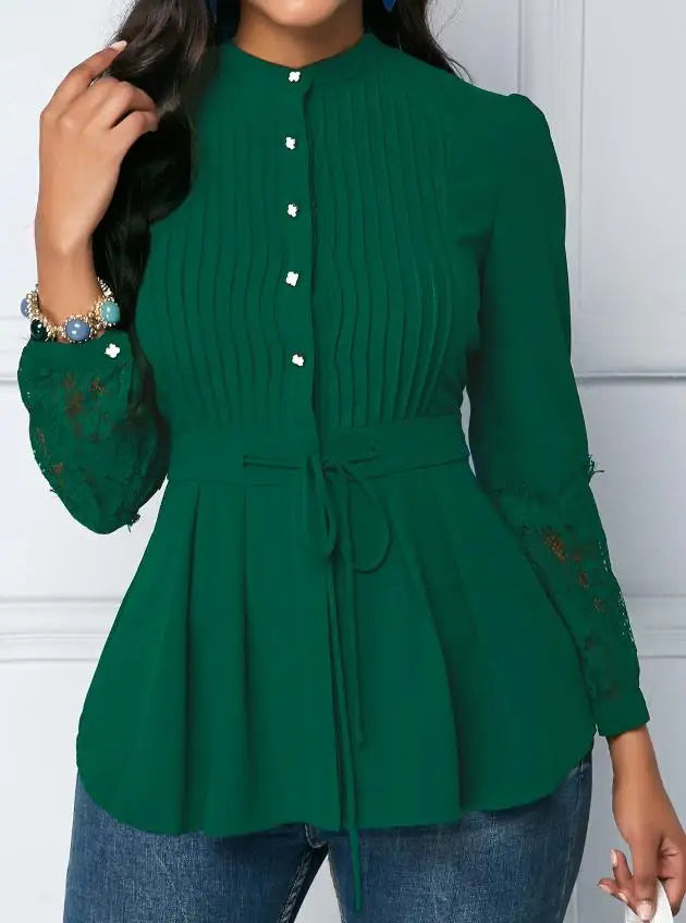 Women's Elegant Lace Blouses European & American Single-Breasted Open-Neck Stitching Fashion Chiffon Office Shirt Top for Women