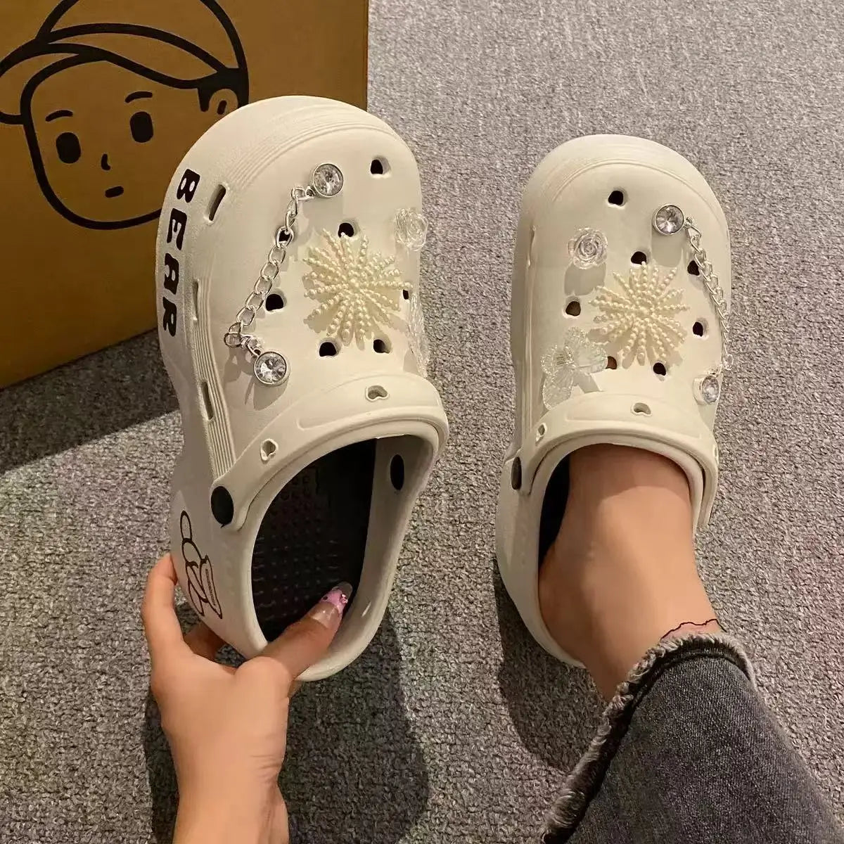 Women Slippers Cute Cartoon Platform Fashion Clogs Summer Shoes Woman Beach Slides Thick Bottom DIY Flower Female Street Sandals