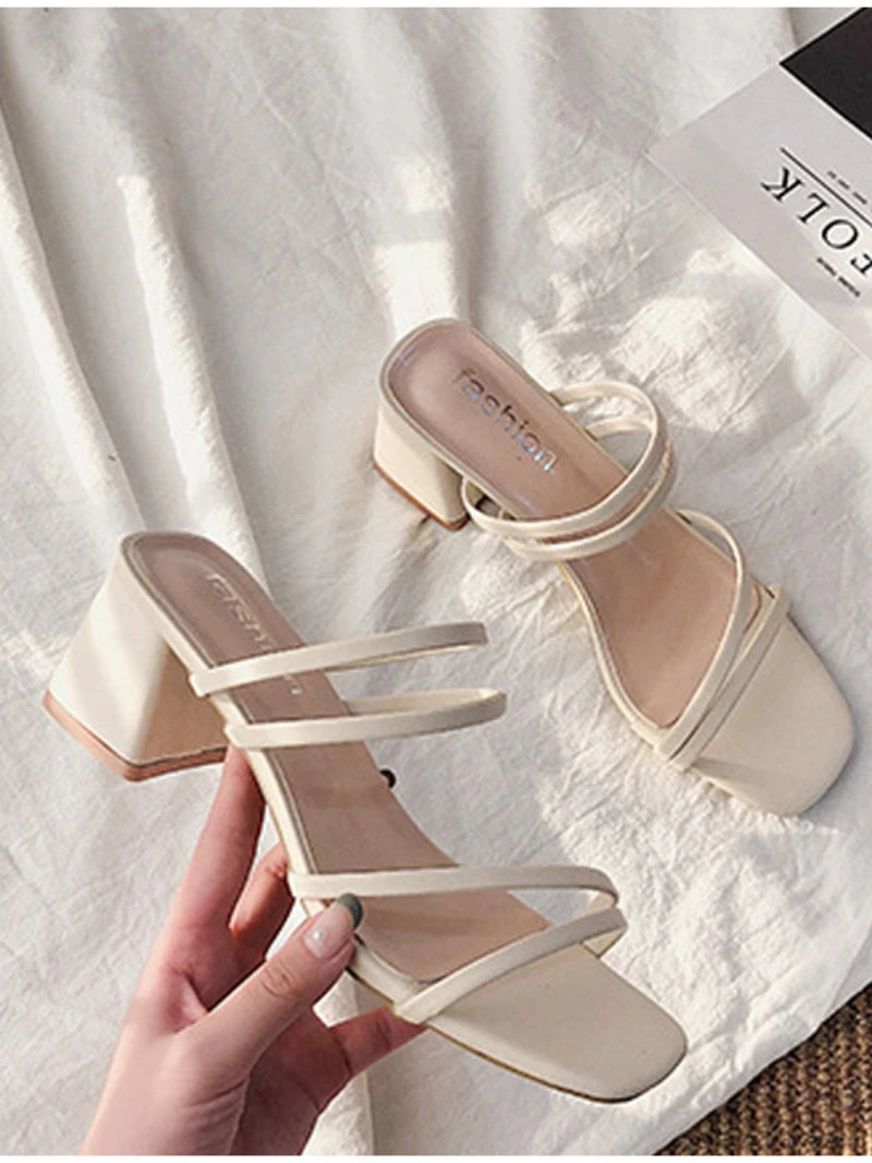 Women Sandals Ladies Square Heels Elegant Summer Slippers Outside Cross Tied Leather Female Slides Fashion Woman Sandals