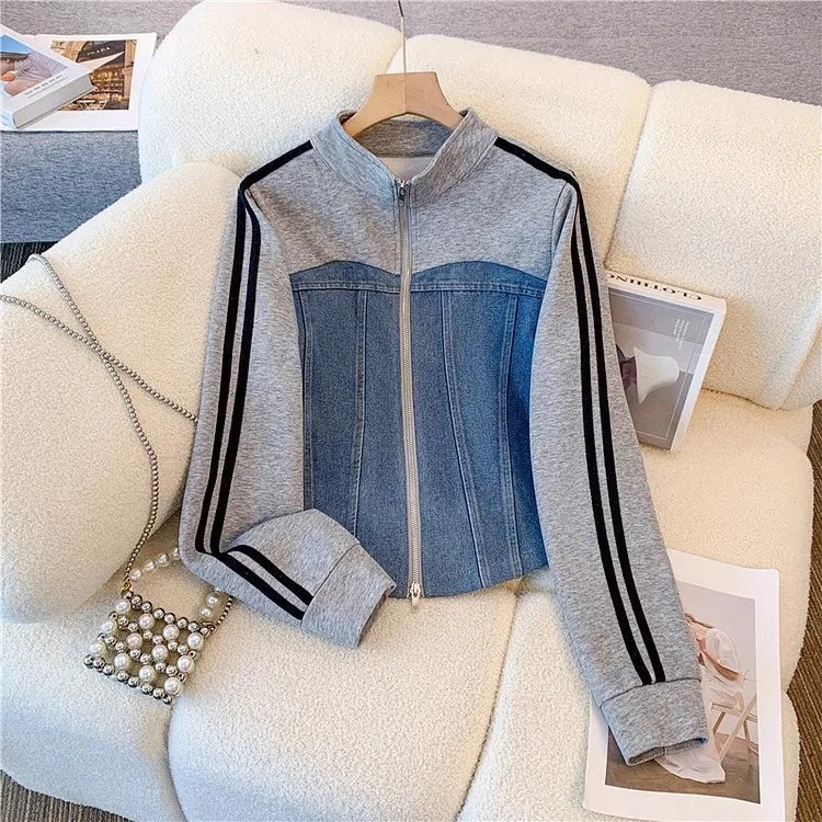 Pant Set Women Two Piece Sets Denim Splice Zipper Matching Sets Casual Coats Wide Leg Long Pants Lace Up Elastic Waist 2025