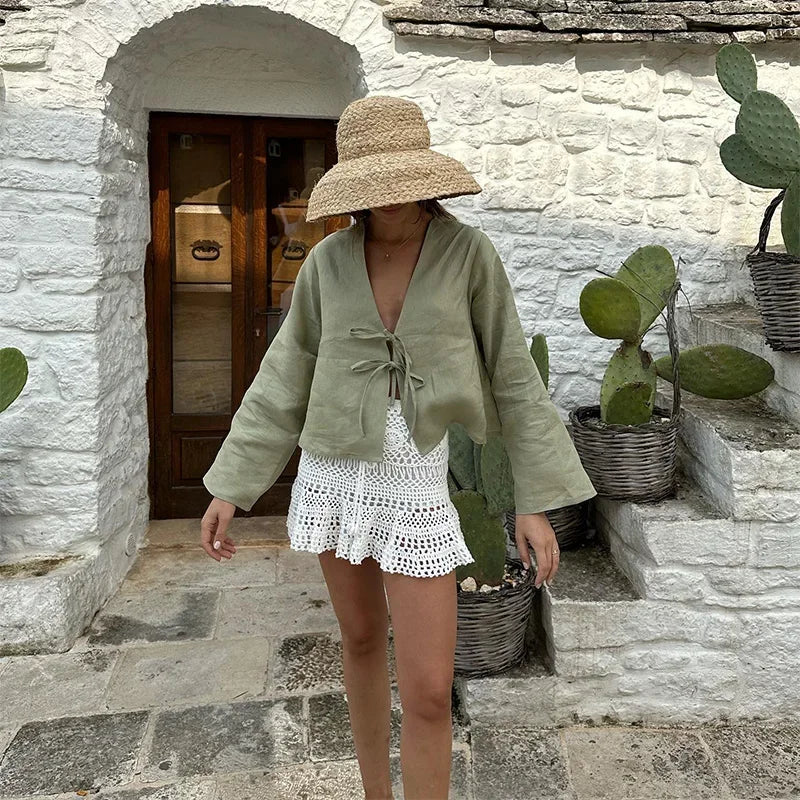 Casual Solid Lace Up Women Blouse Deep V-neck Long Sleeve Loose Female Shirt 2025 Spring Summer New Fashion Sweet Ladies Blouses