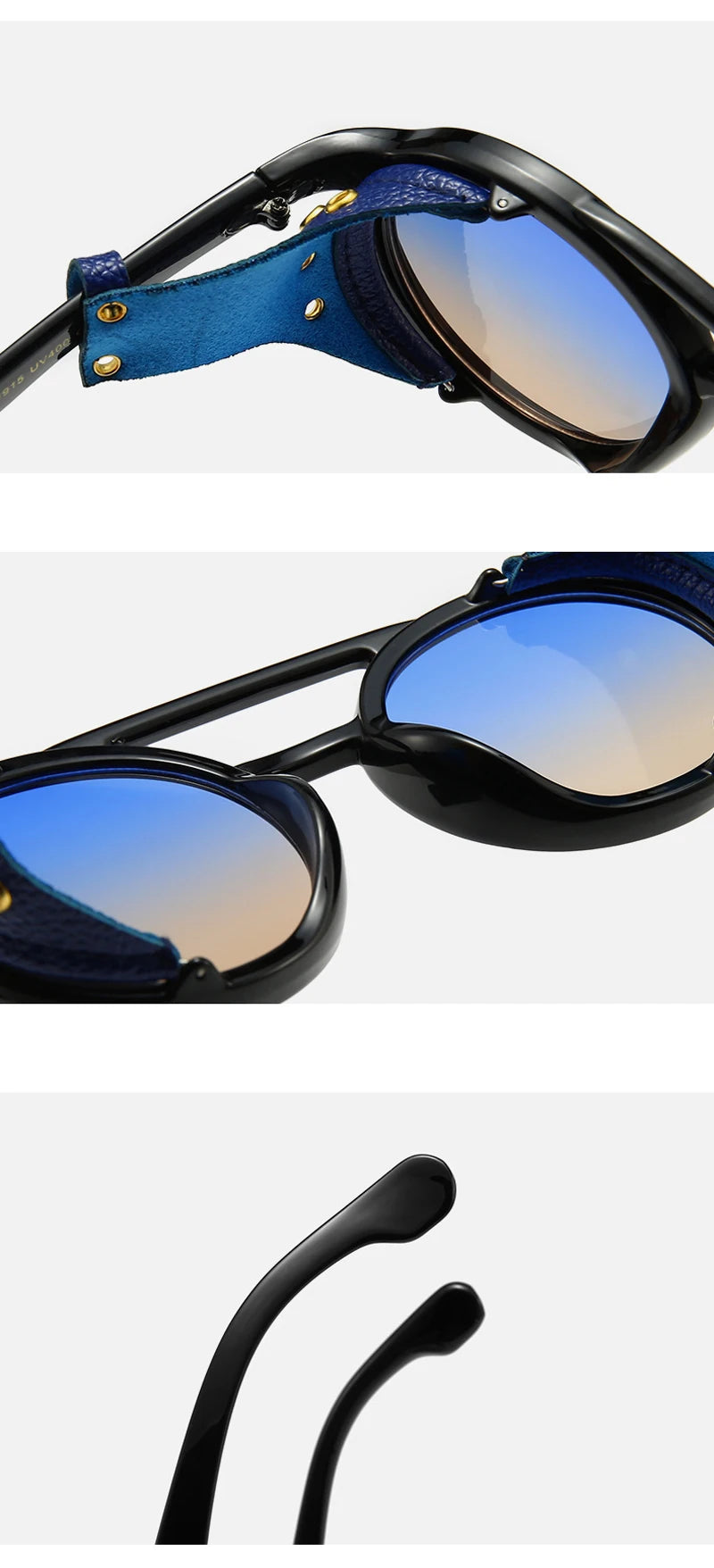 Steampunk Shields Sunglasses Men Women Classic Sun Glasses With Side Leather Round Eyewears Punk UV400 Lens