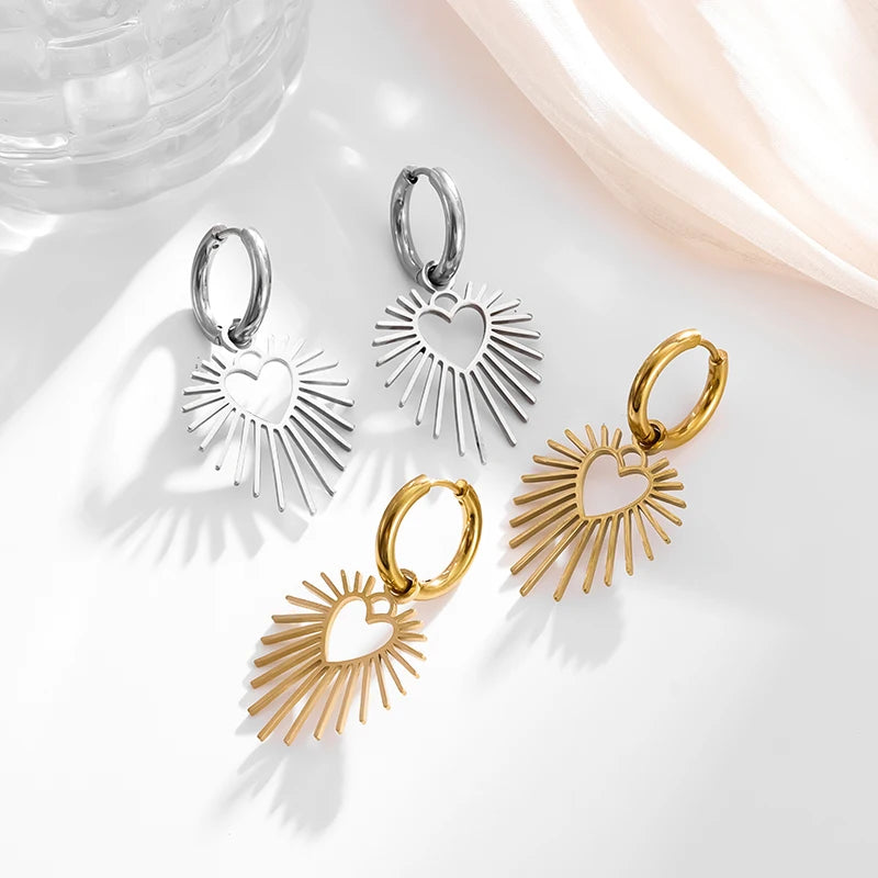 Geometric Heart Shaped Sun Pendant Earrings Stainless Steel Women's Earrings Fashion Charm Hip Hop Trendy Wedding Jewelry