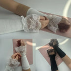1Pair Detachable lace Cuffs Knitted Lace Flower Flared Arm Sleeves Warm Woolen Ruched False Cuffs Sweater Blouse Wrist Warmers