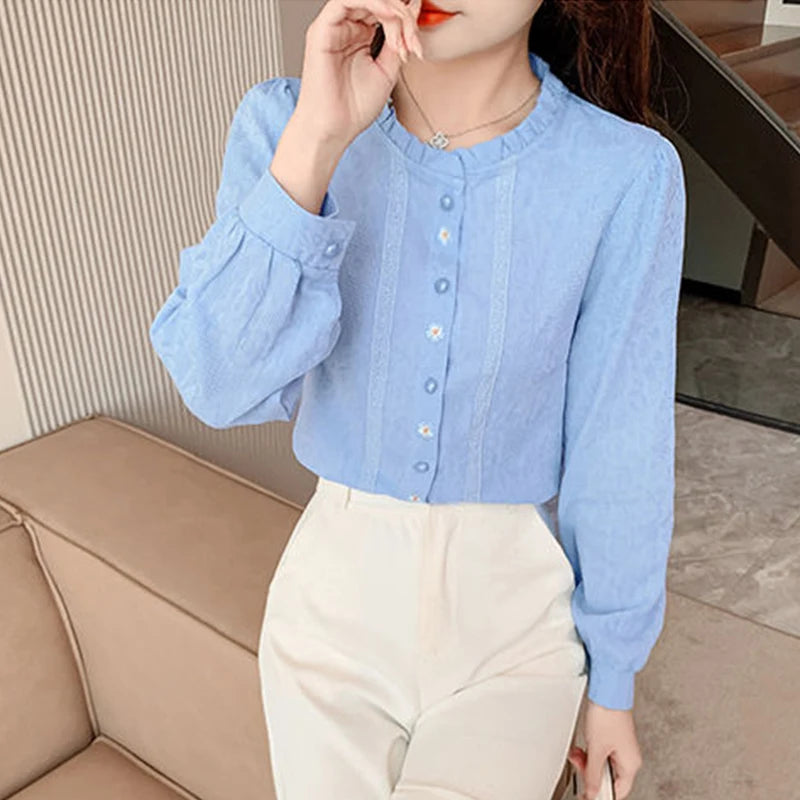 Woman's Embroidery Cotton Long-Sleeved Shirt New Stand Collar Stitching Ruffled Shirts Female Temperament Age-Reducing Thin Top