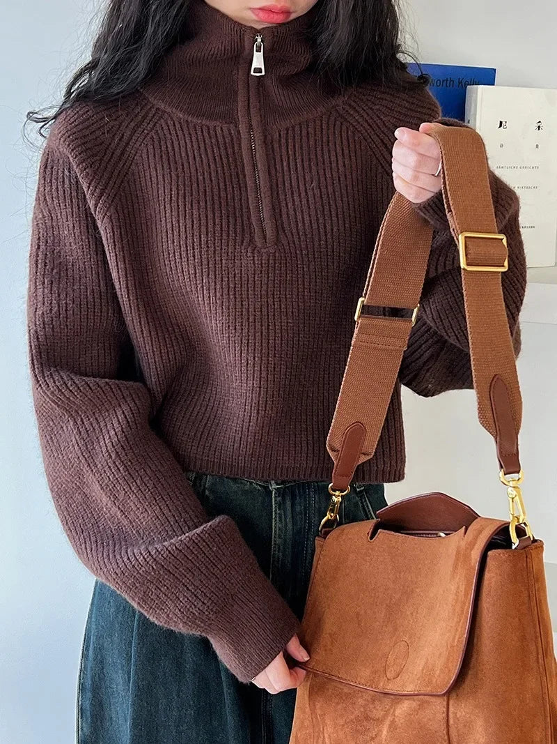 Autumn Winter  Zipper Sweaters Women Solid Color High Neck Knitted Pullover Solid Red Loose Turndown Collar Women's Turtleneck