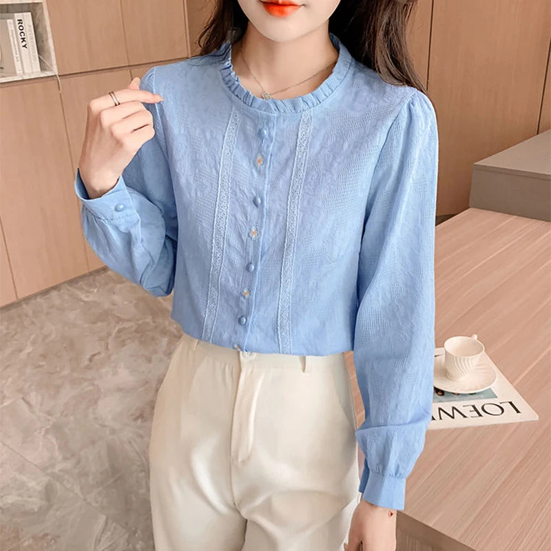 Woman's Embroidery Cotton Long-Sleeved Shirt New Stand Collar Stitching Ruffled Shirts Female Temperament Age-Reducing Thin Top