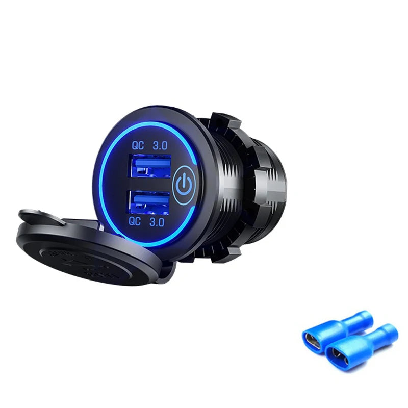 Quick Charge 3.0 Dual USB Fast Car Charger Socket Accessories Waterproof 12V/24V QC3.0 Power Outlet with Touch Switch&Led Light