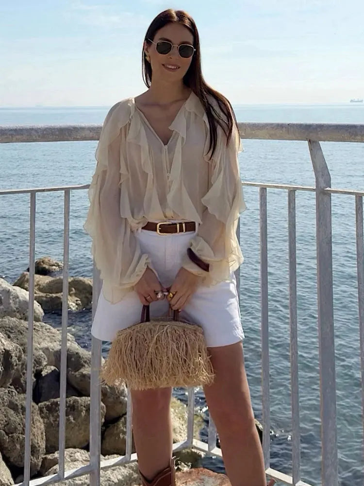 HH Women Ruffles Tierred Thin Blouses Solid Elegant Woman V Neck Long Sleeve Shirt 2025 Fashion High Street Lady Chic Tops