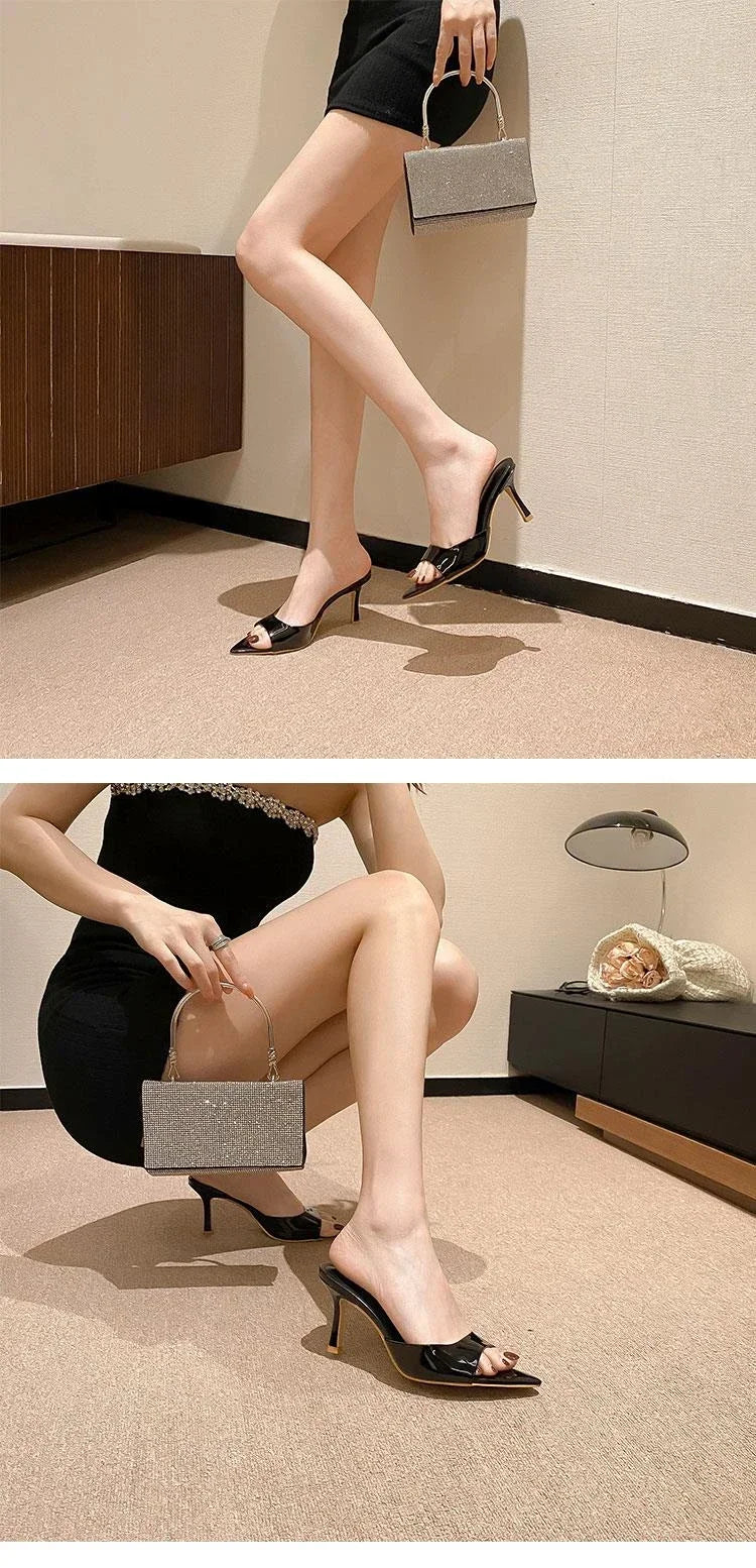 Women's High Heel Slippers Thin Heels Pointed Toe Solid Slippers Women Dress Banquet Summer Mature Concise Zapatillas De Mujer