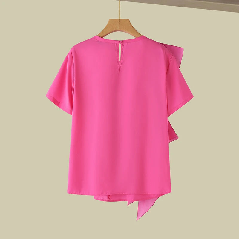 ZANZEA Women Ruffled Stitching Blouse Fashion Holiday O-neck Tops 2024 Summer Short Sleeve Tunics Casual Loose Solid Blusa Femme