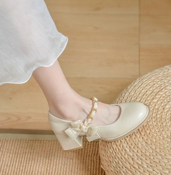 High Heels Shoes for Woman 2024 Pumps Square Toe Gothic Women's Summer Footwear Mary Jane Japanese Style Lolita with Bow White A
