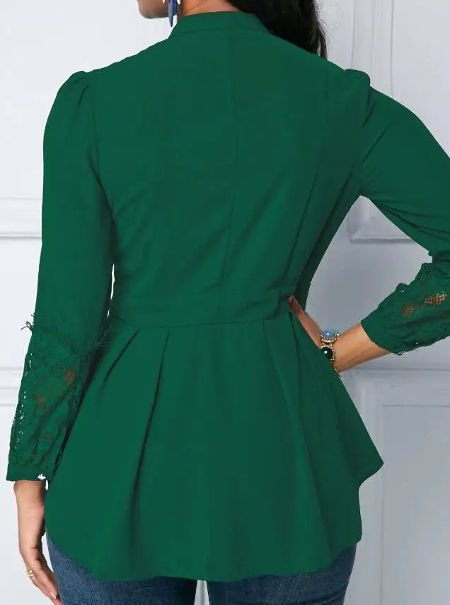 Women's Elegant Lace Blouses European & American Single-Breasted Open-Neck Stitching Fashion Chiffon Office Shirt Top for Women