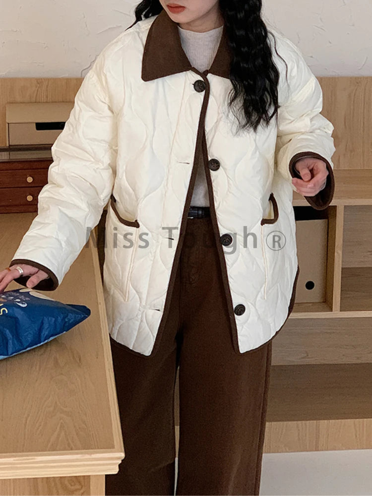 Winter New Fashion Corduroy Light Down Jacket Women Warm Casual Korean Vintage Outdoor Overcoat Loose Retro Cotton-padded Coat