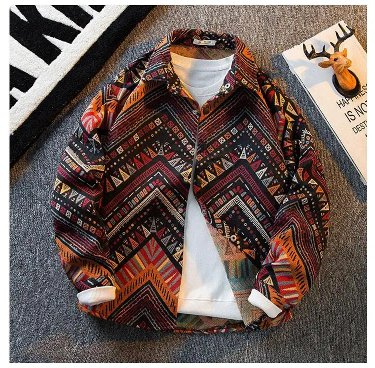 Men's high-density woven shirt men's high-end retro ethnic style long sleeved shirt trendy clothing jacket men clothing shirt