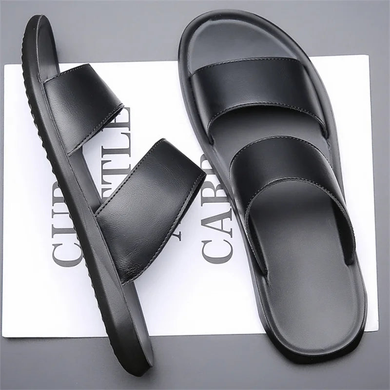 Slippers for Men Luxury Brand Leather Casual Slippers 2025 Summer New Beach Slippers for Men Non Slip Flat Sandals Large Size48