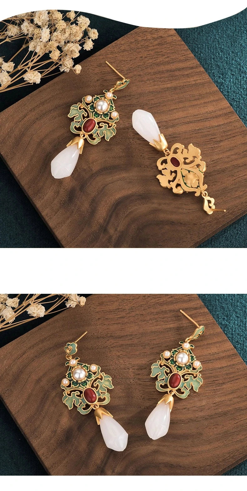 Earrings for Women Trendy Gold Color Drop Earrings Enamel Flower Hanging Earrings Chinese Style Jewelry Girl Party Gift Earrings