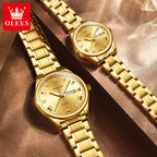 OLEVS Luxury Gold Couple Watches Stainless Steel Original Quartz Watch for Lover Waterproof Luminous Date Week Trend Dress New