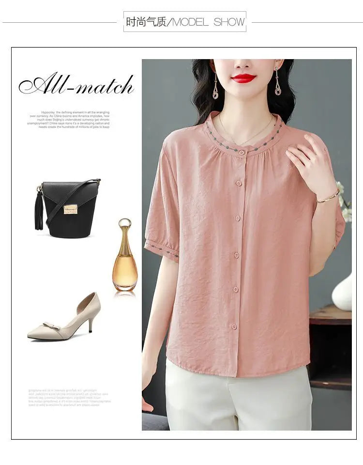 Embroidered Blouse Women Short Sleeve Summer Loose Slimming Top