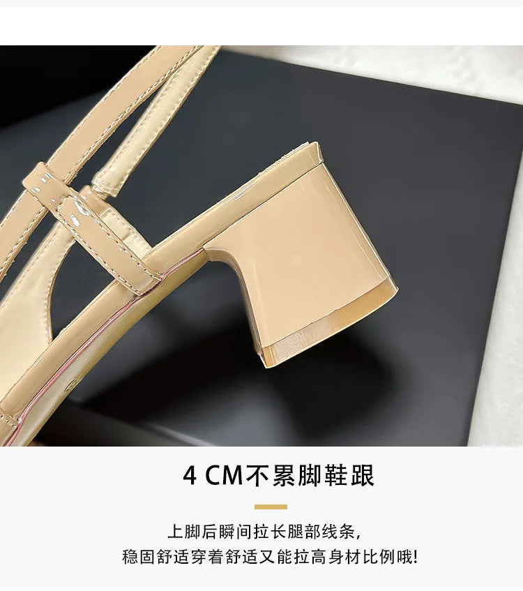 2025 New Medium Heel Woman 4cm Sandals Shallow Mouth Glossy Closed Toe Sandals One Word Buckle Temperament Summer Outdoor Shoes