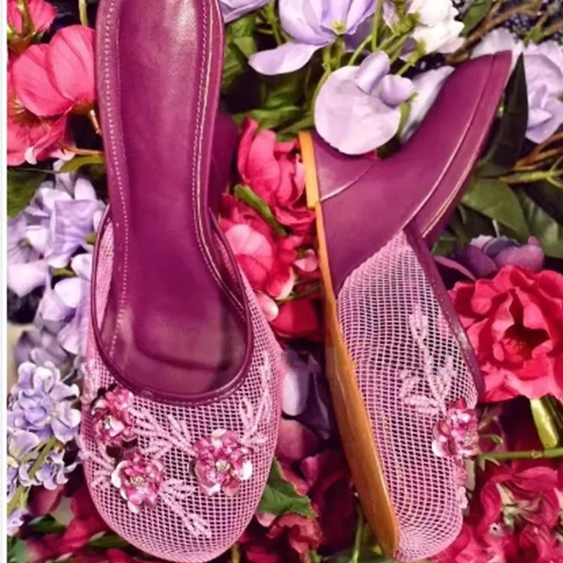 Woman Sandals 2025 Summer Fashion Sexy Hollow Out Strange Style Female Shoes Crystal Flower Decoration High Heel Ladies Slippers