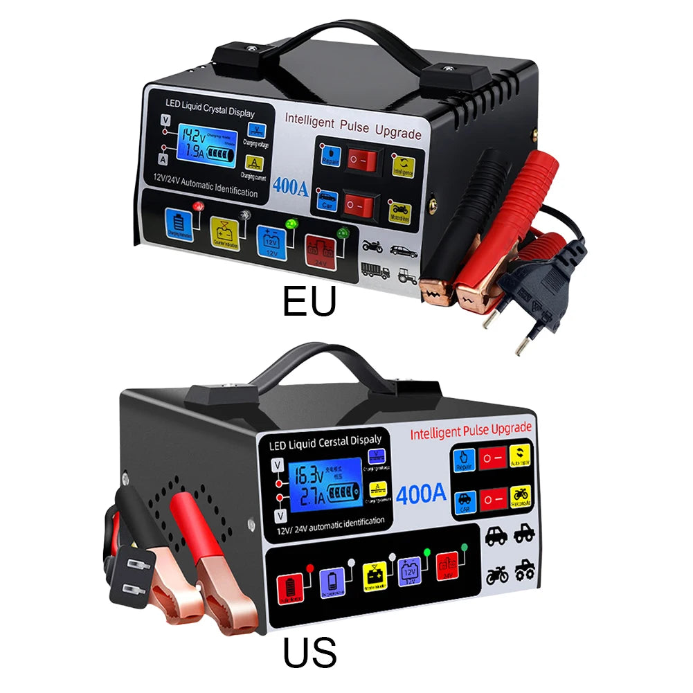 400A Heavy Duty Smart Battery Charger 12V/24V Battery High Power Fast Charger Five-Stage Intelligent Pulse Repair Charger 220W
