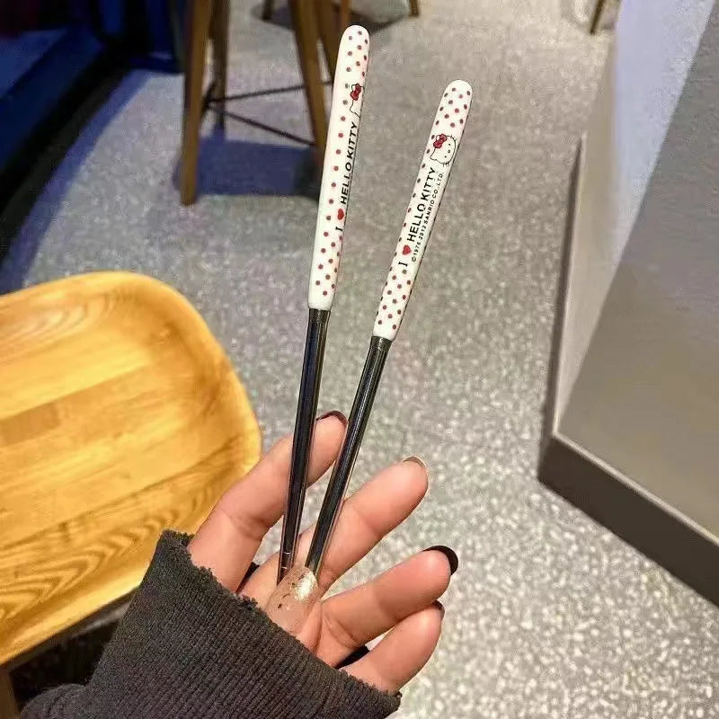 Anime Sanrio Hello Kitty Kitchen Tableware Stainless Steel Chopsticks Spoon Fork Office Portable Dinnerware Set Birthday Gifts