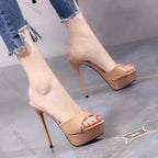 Women 12CM High Heels Outdoor Shallow Mouth Sandals 2025 New Summer Thick Platform Slippers Simple Style Slide Shoes For Woman