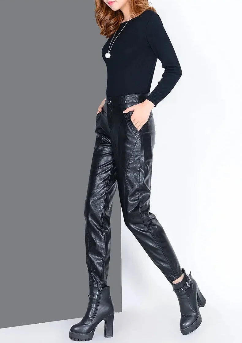 Pants for Women High Waist PU Leather Harem Woman Trousers Aesthetic One Size Classic Autumn Trends 2025 90s Outfits Clothing G