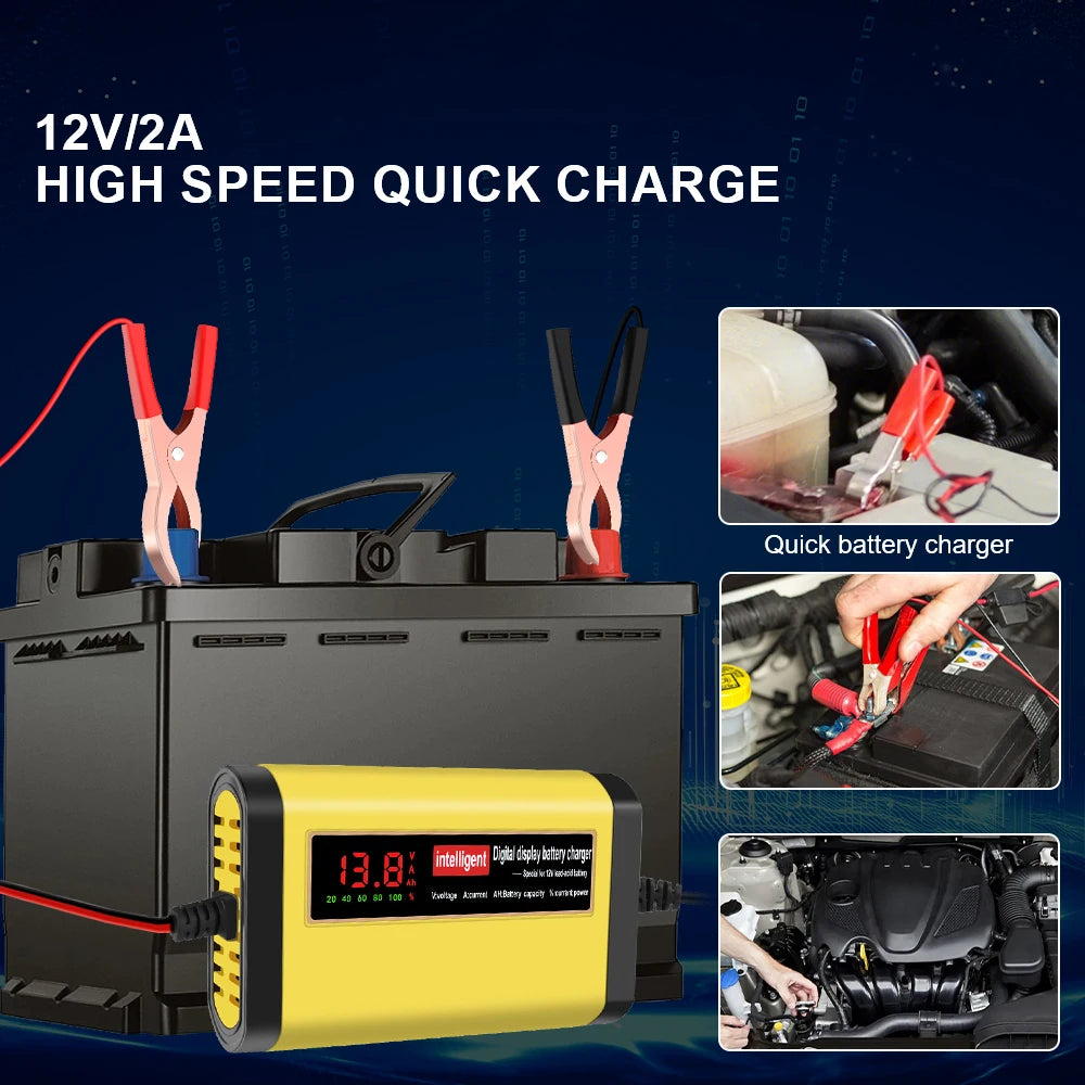 Full Automatic Car Battery Charger 2A Intelligent Fast Power Charging Digital LCD Display